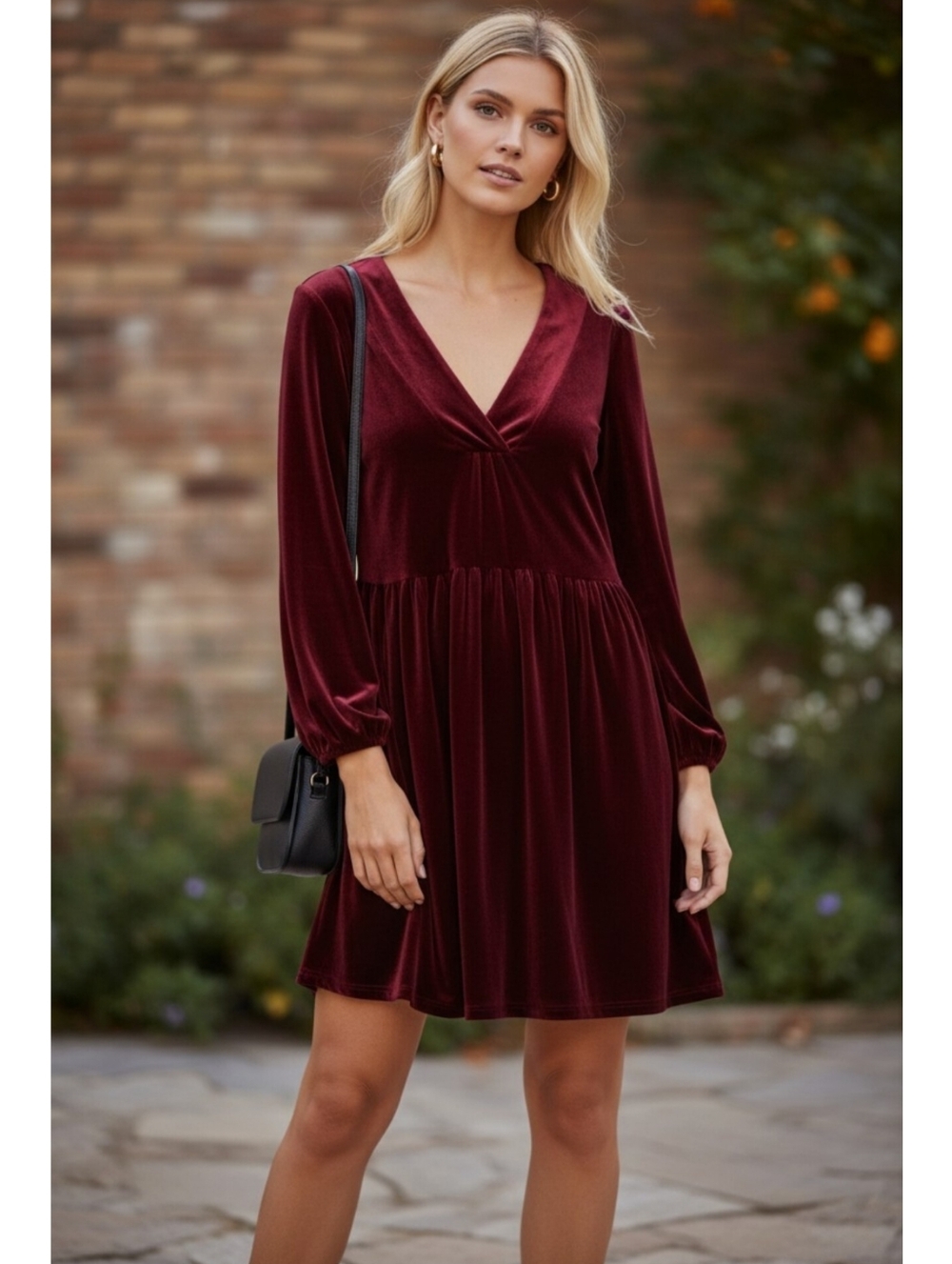 Anthropologie Amadi small Greta velvet fit flare dress burgundy v neck classic
